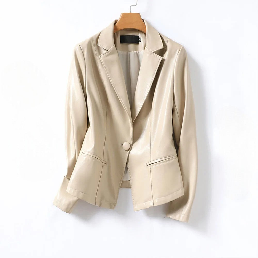 Women's Office Leather Blazer Faux Leather Classic Lapels Button Closure Pockets