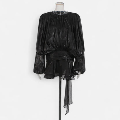 Velclairemode | Robe-Chemise Mini Femme Unie – Col V, Manches Longues, Détail Lacé & Design Structuré