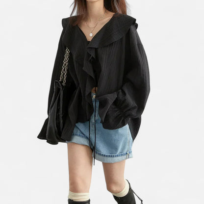 Velclairemode | Blouse Décontractée Femme à Volants Raffinés – Col V Lacé, Élégance Spontanée