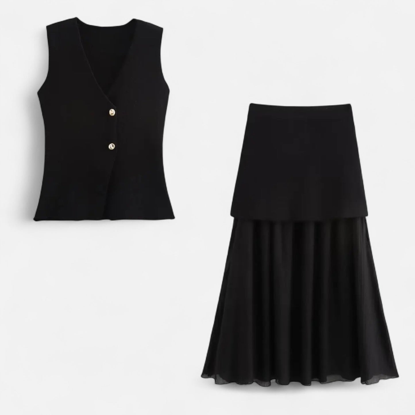 Velclairemode | Ensemble Femme Maille Fine – Débardeur Col V Sans Manches & Jupe Ajustée, Élégance Sculptée