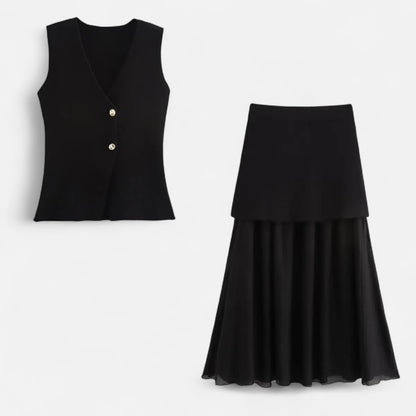 Velclairemode | Ensemble Femme Maille Fine – Débardeur Col V Sans Manches & Jupe Ajustée, Élégance Sculptée
