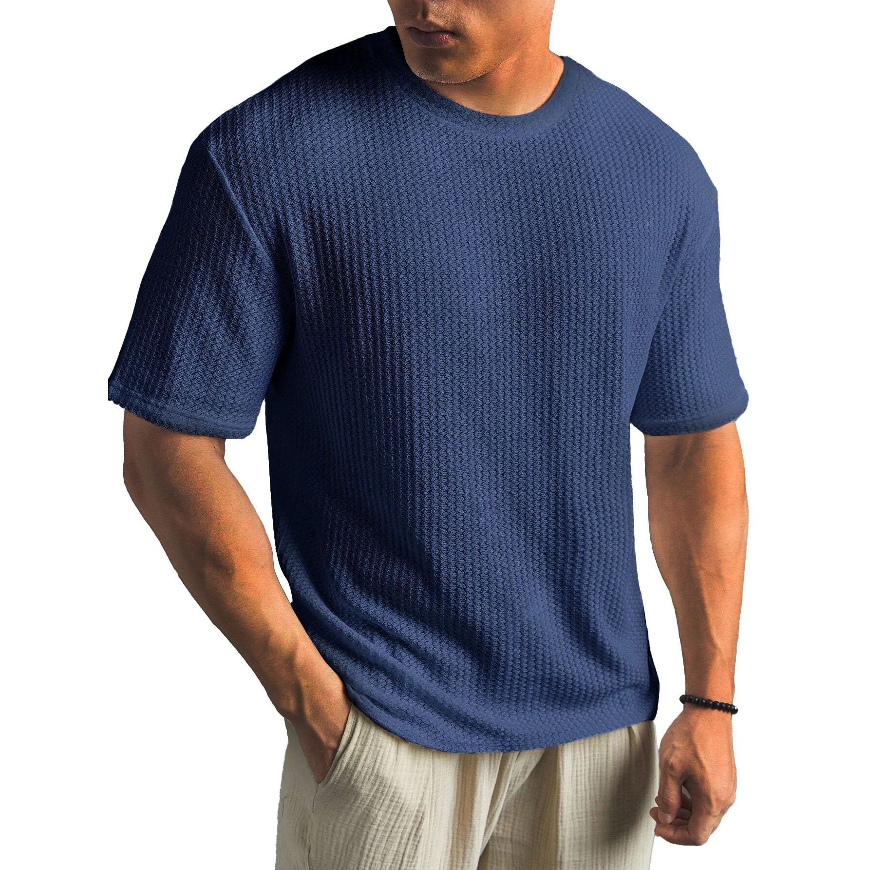 T-shirt a Nido d'Ape a Maniche Corte da Uomo con Collo Tondo e Taglio Casual