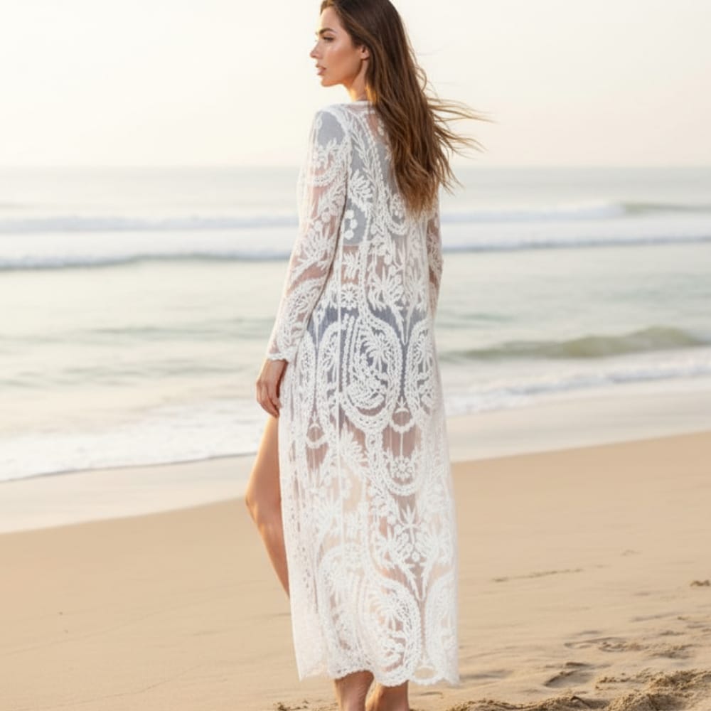 Kimono de praia feminino em renda — cardigan longo floral — férias de verão