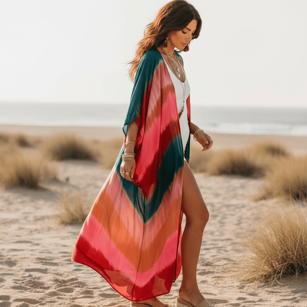 Kimono de praia para mulheres — saída de praia listrada — férias de verão