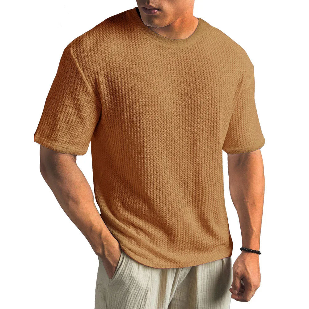 T-shirt a Nido d'Ape a Maniche Corte da Uomo con Collo Tondo e Taglio Casual