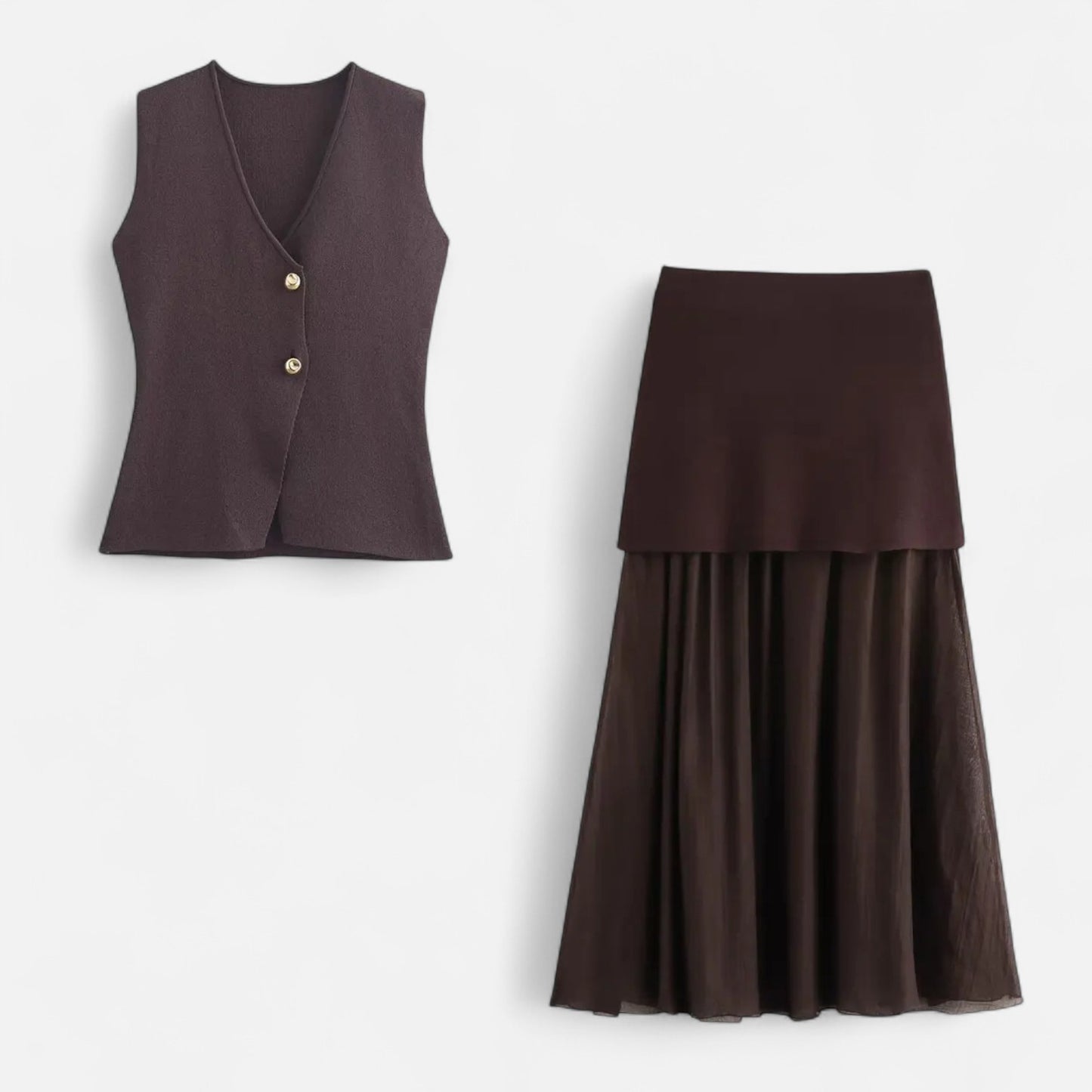 Velclairemode | Ensemble Femme Maille Fine – Débardeur Col V Sans Manches & Jupe Ajustée, Élégance Sculptée
