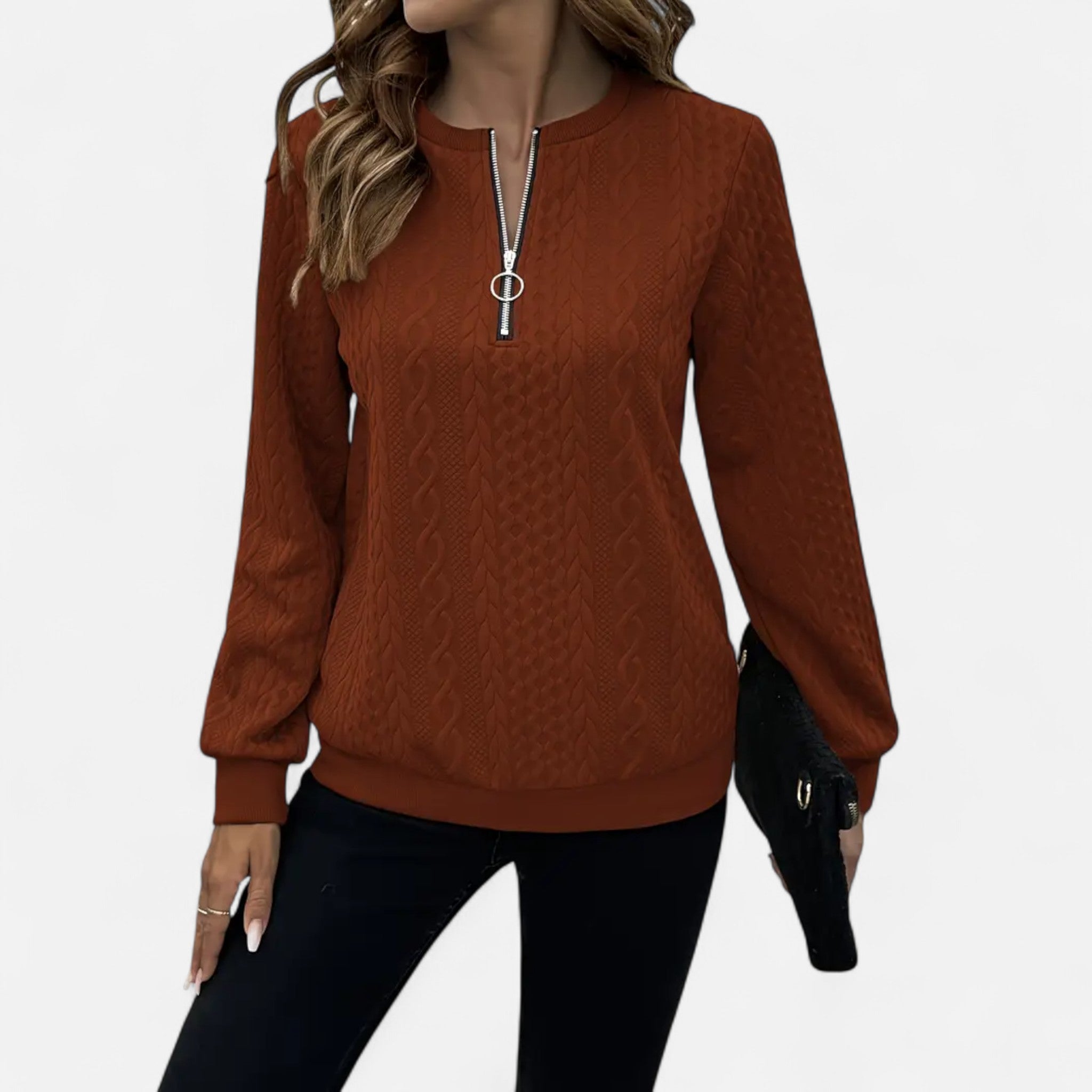 Velclairemode | Women's Textured Half-Zip Sweatshirt for Fall-Spring