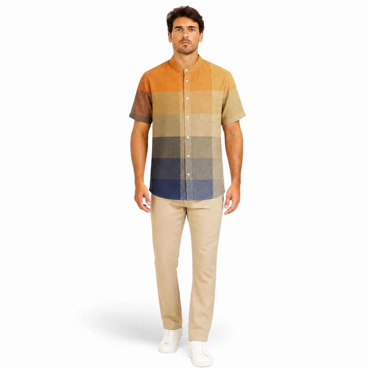 Chemise homme en lin à motif — manches courtes coupe décontractée