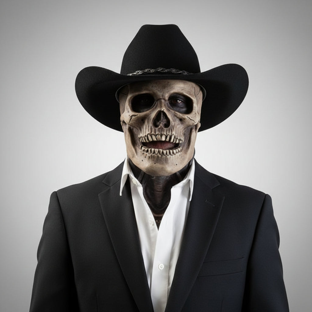 Blandet kostume med gentleman-skeletmaske til uhyggeligt Halloween-cosplay om natten