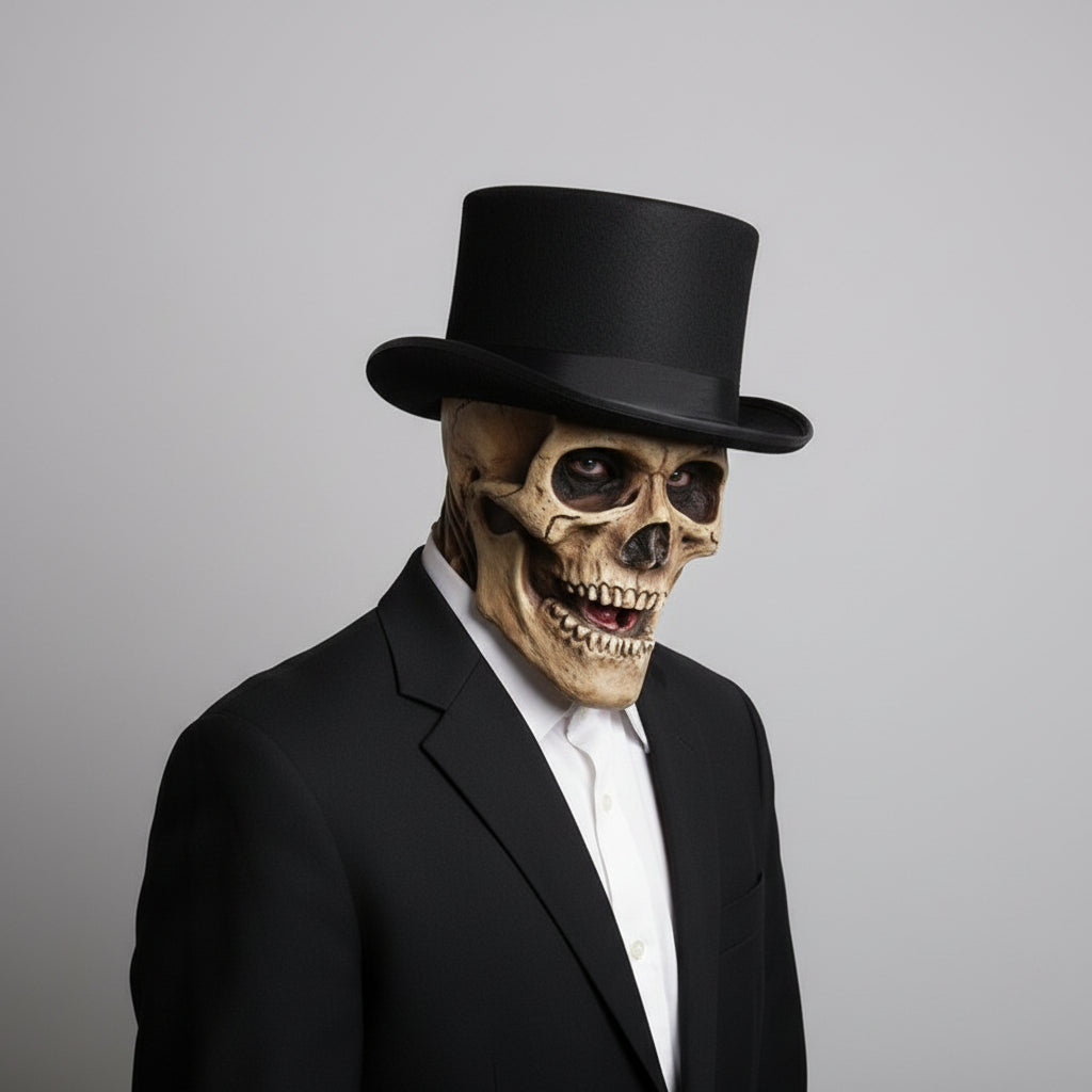 Blandet kostume med gentleman-skeletmaske til uhyggeligt Halloween-cosplay om natten
