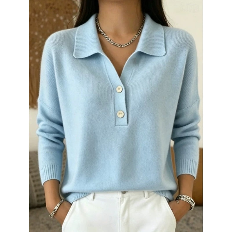 Suéter feminino com gola de camisa, para o dia a dia, abotoado, mangas longas, corte ajustado e tecido macio