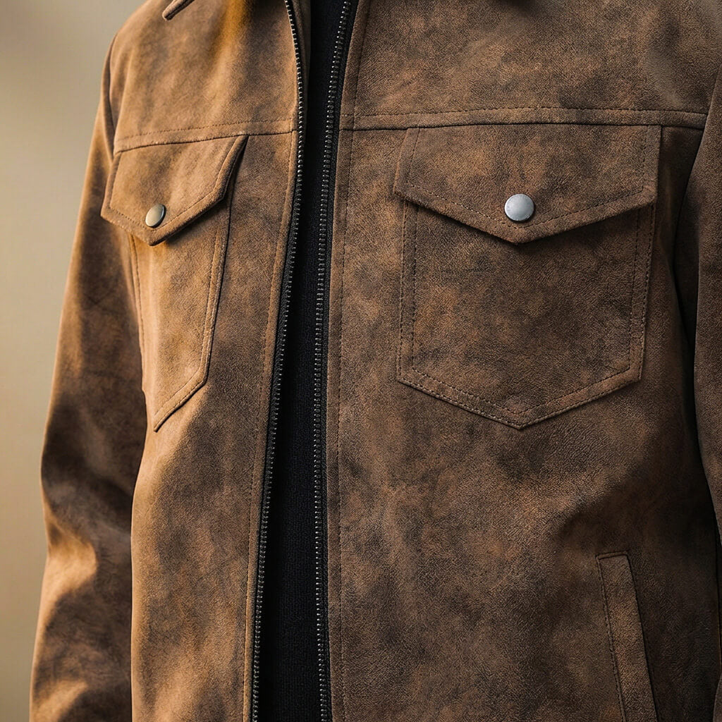 Pánská retro moto bunda z PU kůže s kapsami a zipem