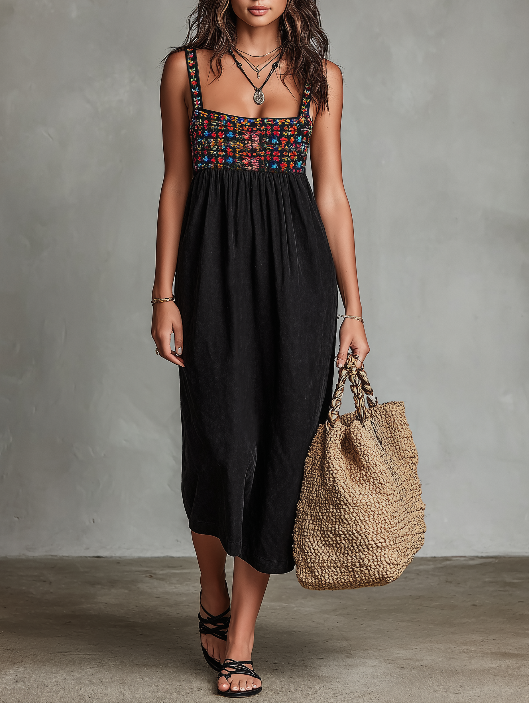 Embroidered Faux Suede Midi Dress