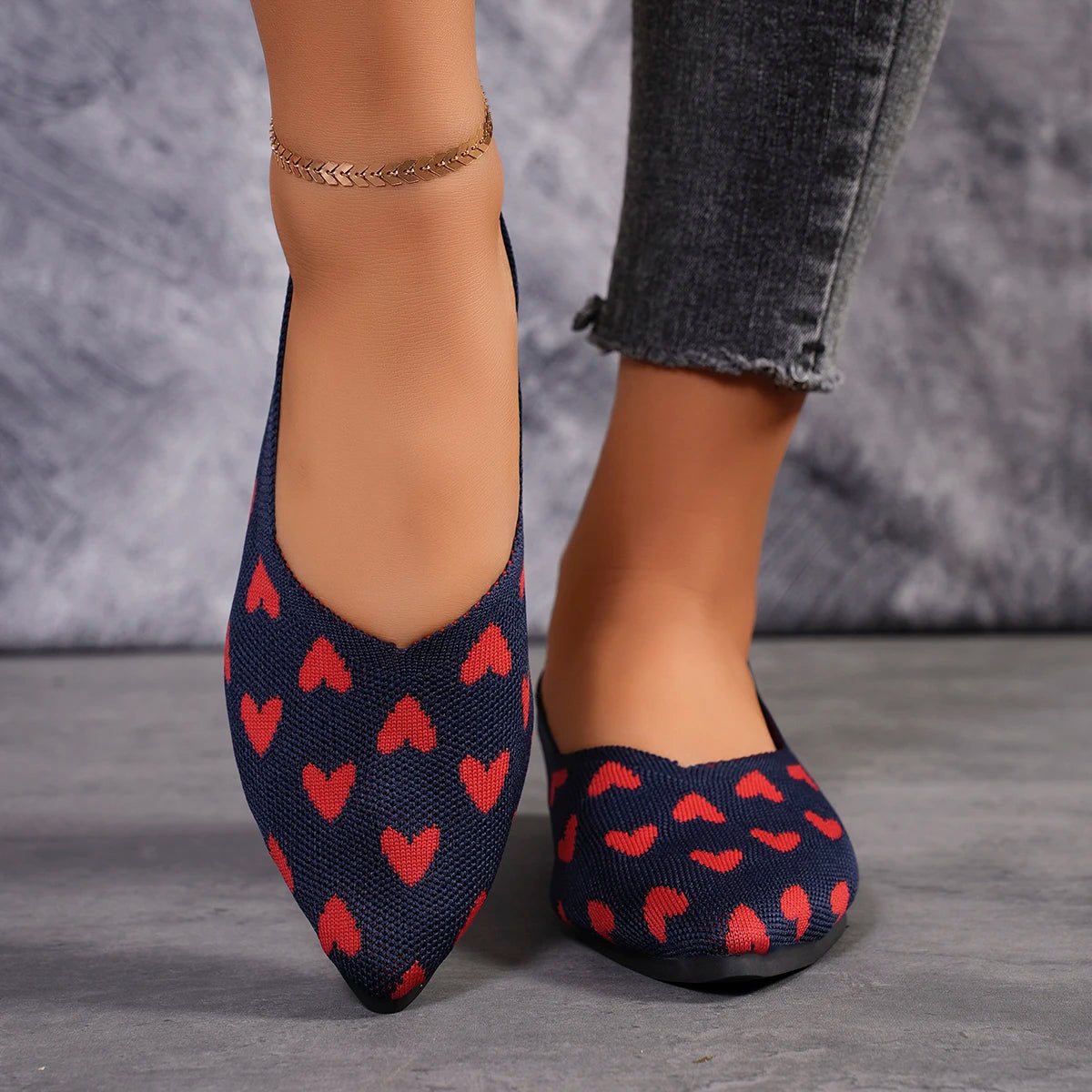 Ballerine Punta a Punta da Donna con Motivo Cuori e Suola Piatta