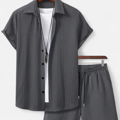 Velclairemode | Ensemble Homme Rayé en Jacquard – Chemise & Short, Élégance Graphique Estivale