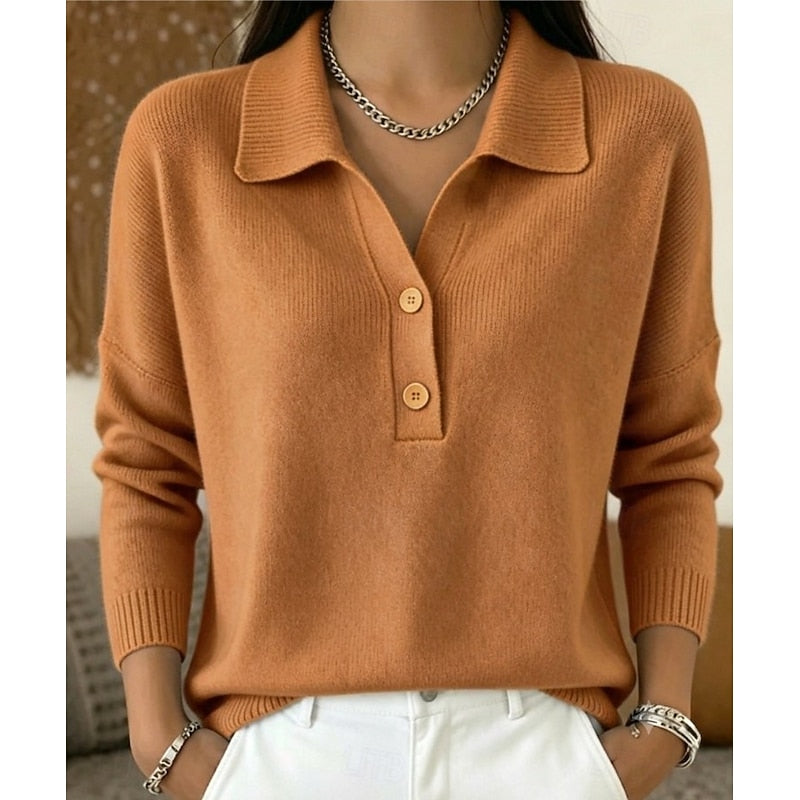 Suéter feminino com gola de camisa, para o dia a dia, abotoado, mangas longas, corte ajustado e tecido macio