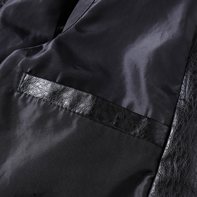Blouson Moto en Cuir PU pour Homme avec Col Montant et Poignets Nervurés