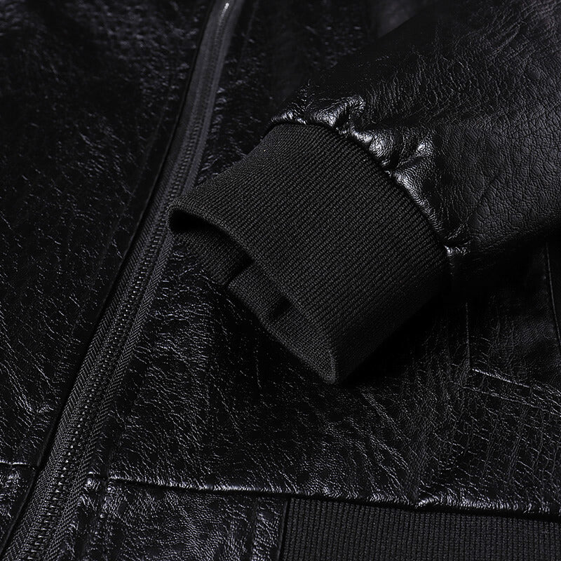 Blouson Moto en Cuir PU pour Homme avec Col Montant et Poignets Nervurés