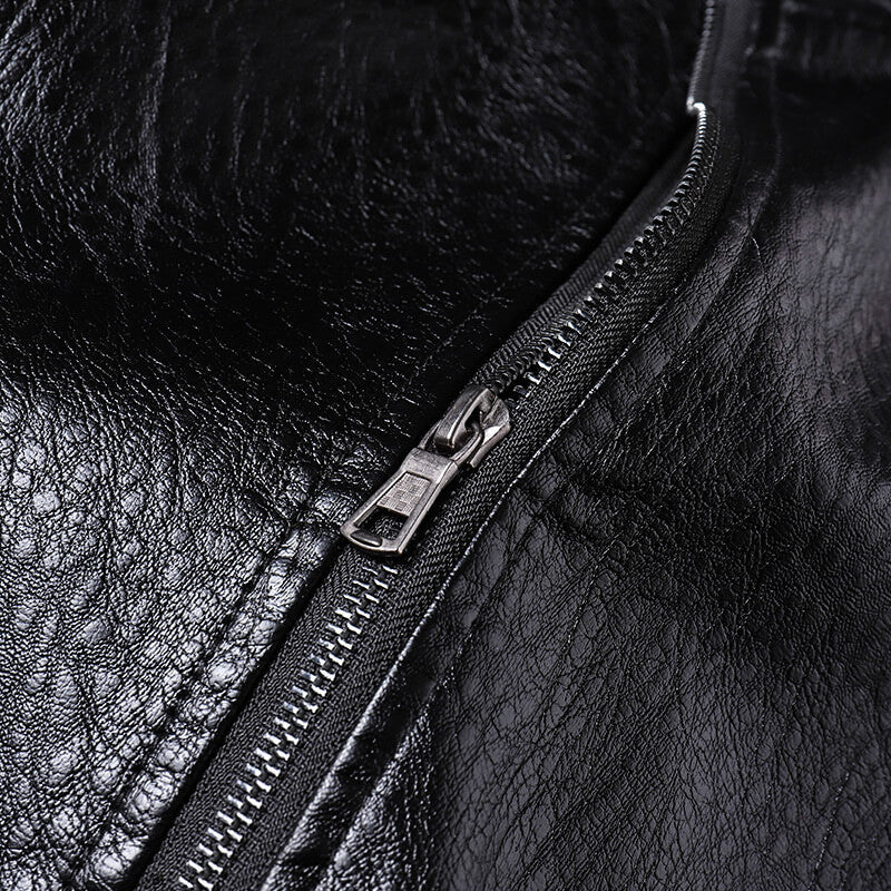 Blouson Moto en Cuir PU pour Homme avec Col Montant et Poignets Nervurés