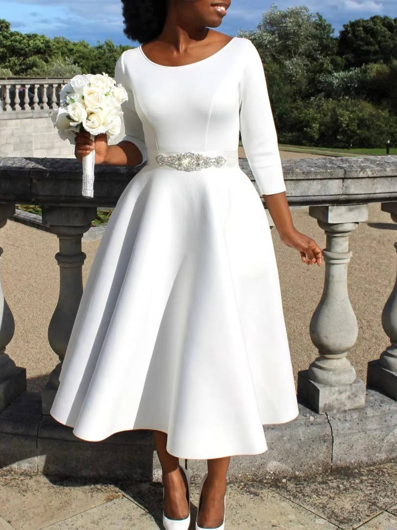 Rochie pentru Invitate la Nuntă de Stil Clasic cu Fustă Midi Evazată
