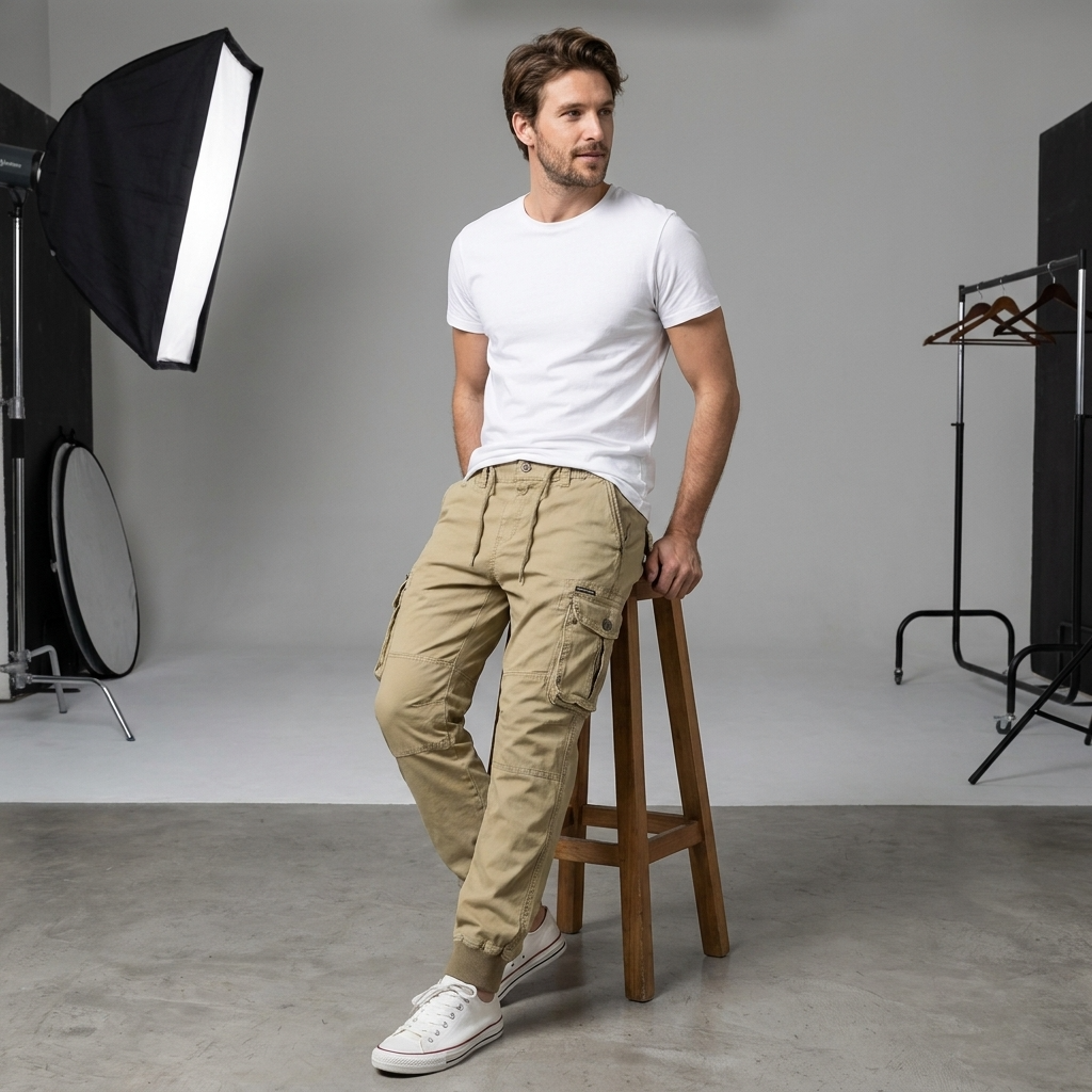 Joggerbukser til mænd, cargo og urban stil, i strækbar bomuld, med lynlåslommer og elastisk talje