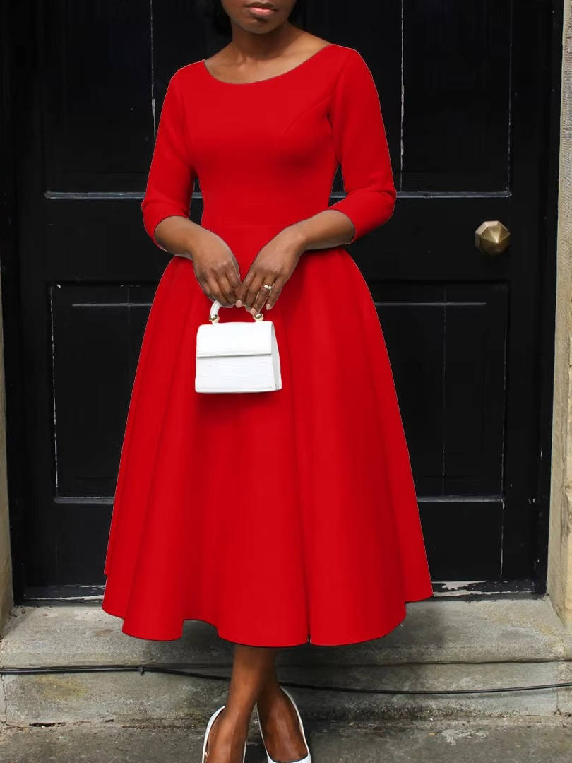 Rochie pentru Invitate la Nuntă de Stil Clasic cu Fustă Midi Evazată