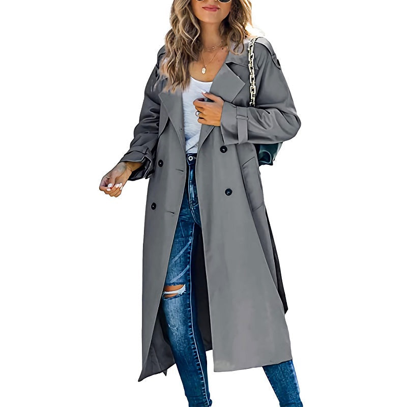 Cappotto trench da donna lungo con cintura, colletto a revers, maniche lunghe, stile urbano.