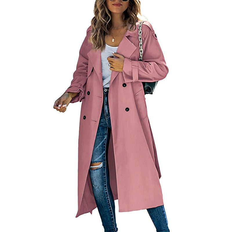 Cappotto trench da donna lungo con cintura, colletto a revers, maniche lunghe, stile urbano.