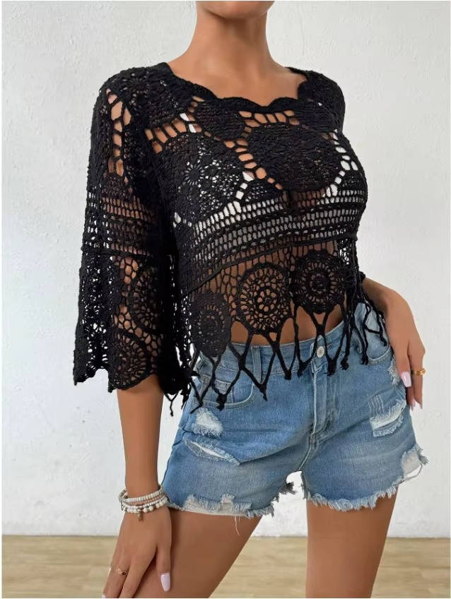 Veste de Plage Ajourée en Crochet avec Franges et Col Festonné