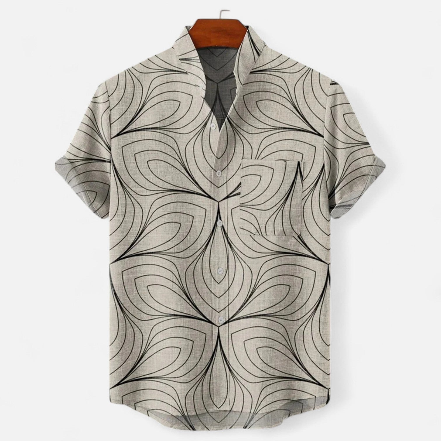Velclairemode| Men's Linen Shirt with Artistic Pattern - Short Sleeves, Casual and Premium Style
