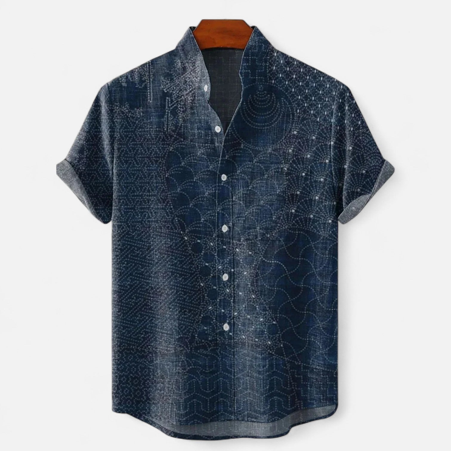 Velclairemode| Men's Linen Shirt with Artistic Pattern - Short Sleeves, Casual and Premium Style