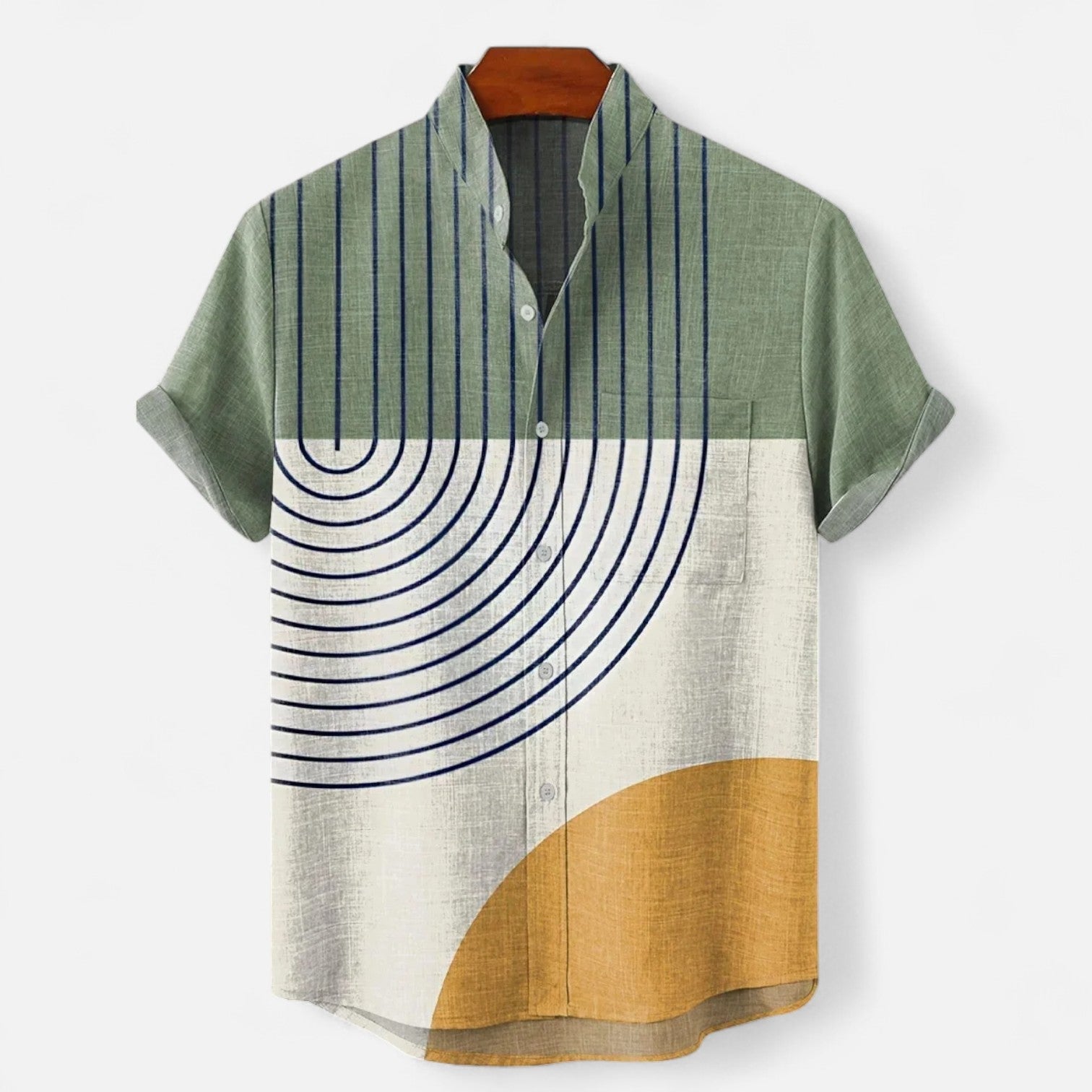 Velclairemode| Men's Linen Shirt with Artistic Pattern - Short Sleeves, Casual and Premium Style