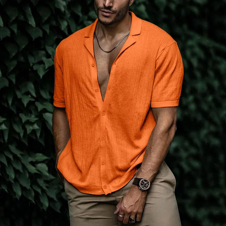 Camicia Uomo in Maglia Goffrata con Collo Cubano e Maniche Corte