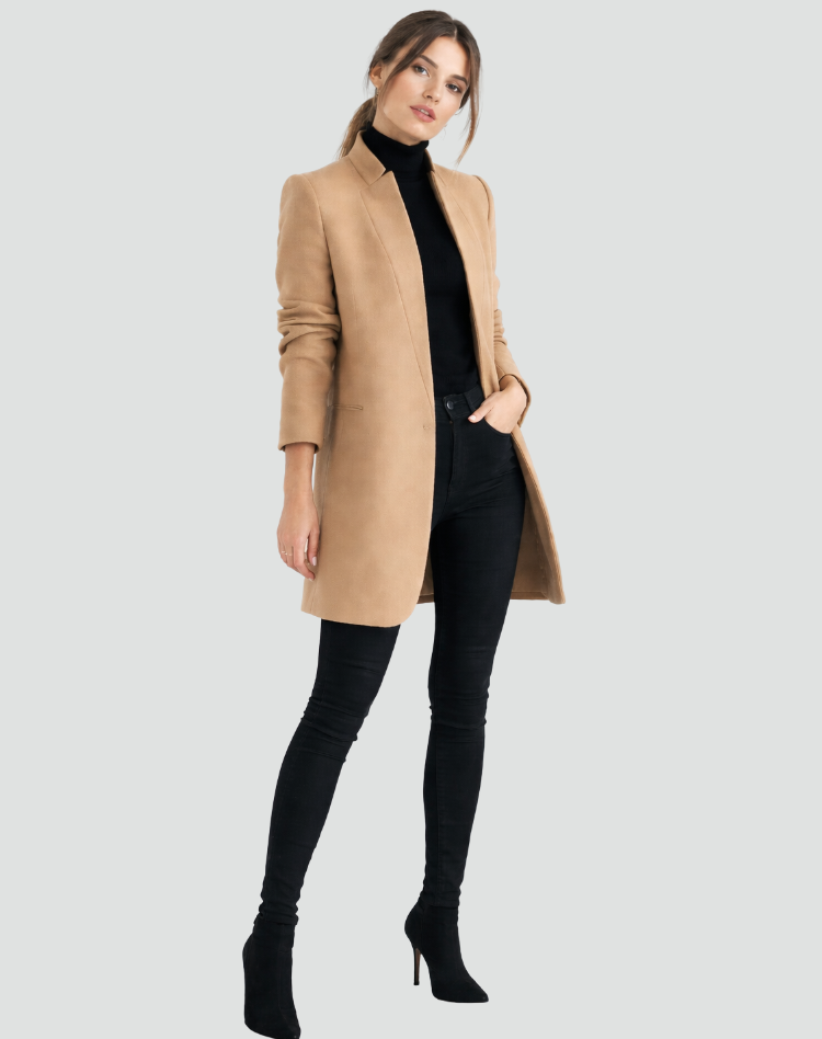 Abrigo largo de mujer para oficina, cálido, elegante, clásico, con cuello redondo, forrado y con bolsillos.