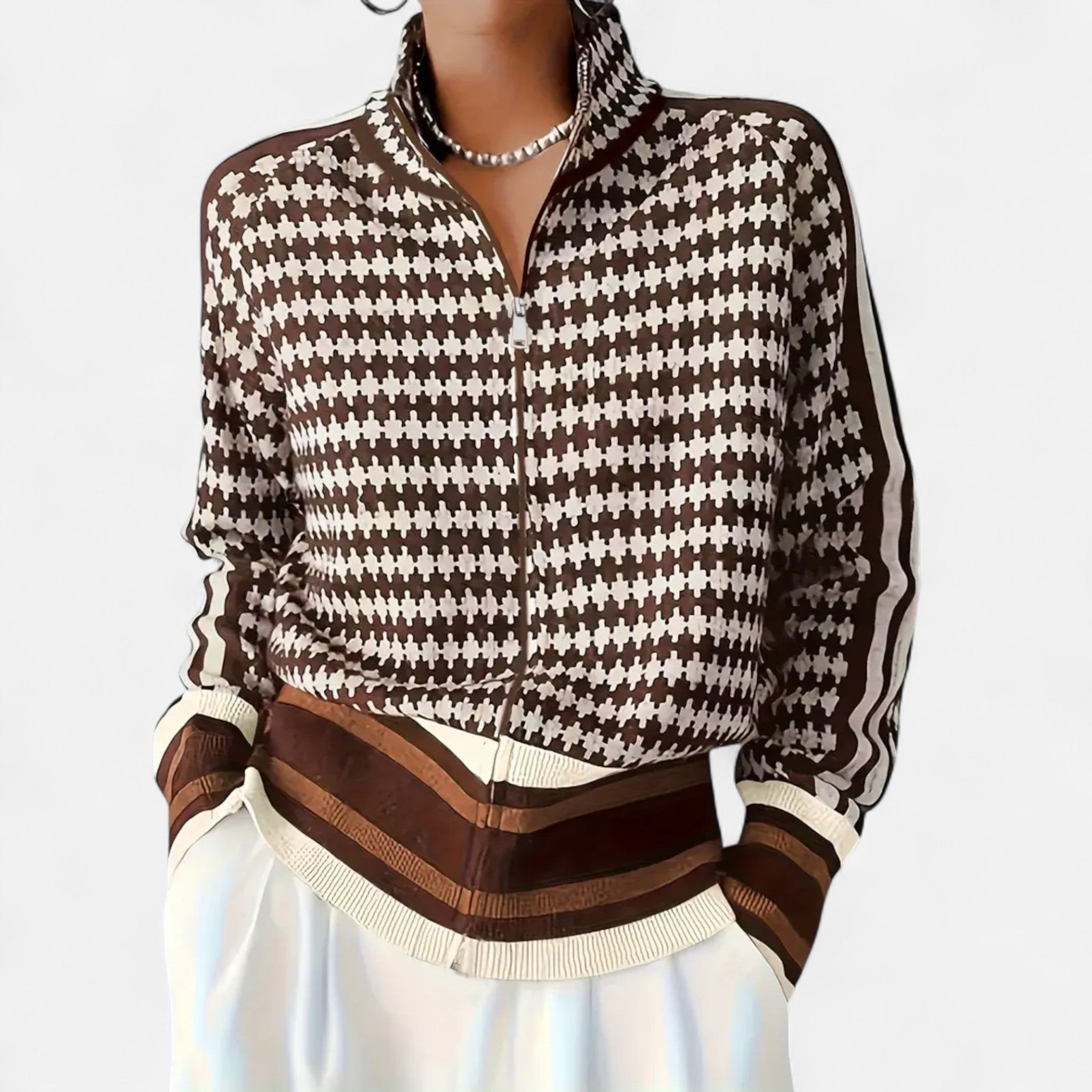 Velclairemode | Women's Elegant Houndstooth Zip-Up Cardigan