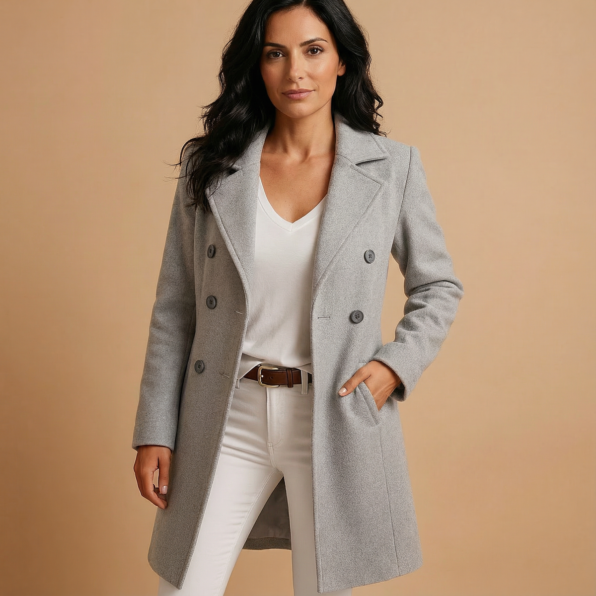 Casaco feminino para escritório, corte reto, mistura de lã, lapelas elegantes, fechamento com botões