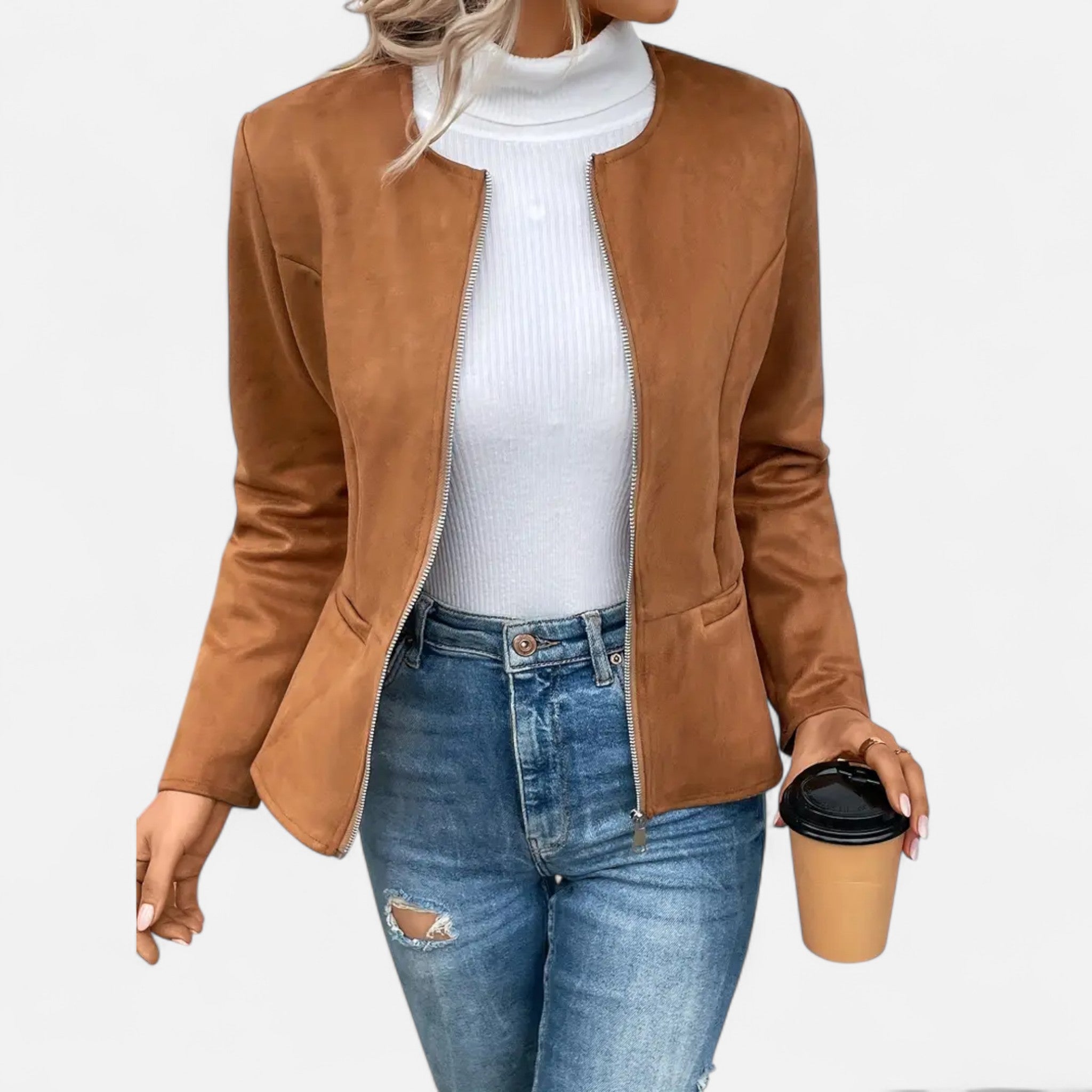 Velclairemode | Women's Short Zip-Up Jacket with Elegant Round Neck