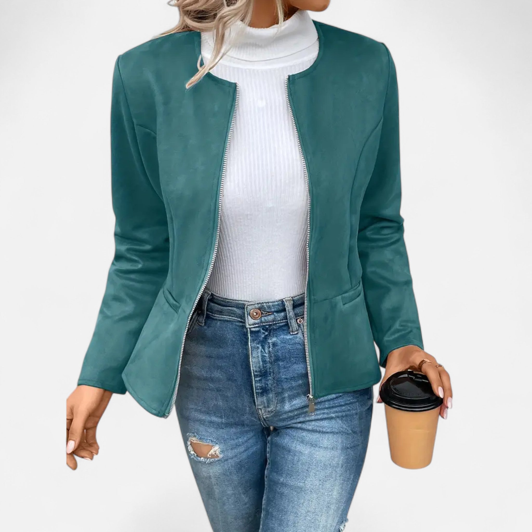 Velclairemode | Women's Short Zip-Up Jacket with Elegant Round Neck