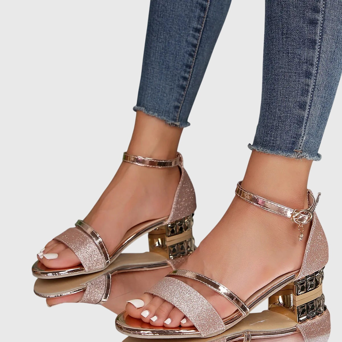 Sandali Nu-pieds con Tacco Quadrato Basso e Cinturini Brillanti da Donna