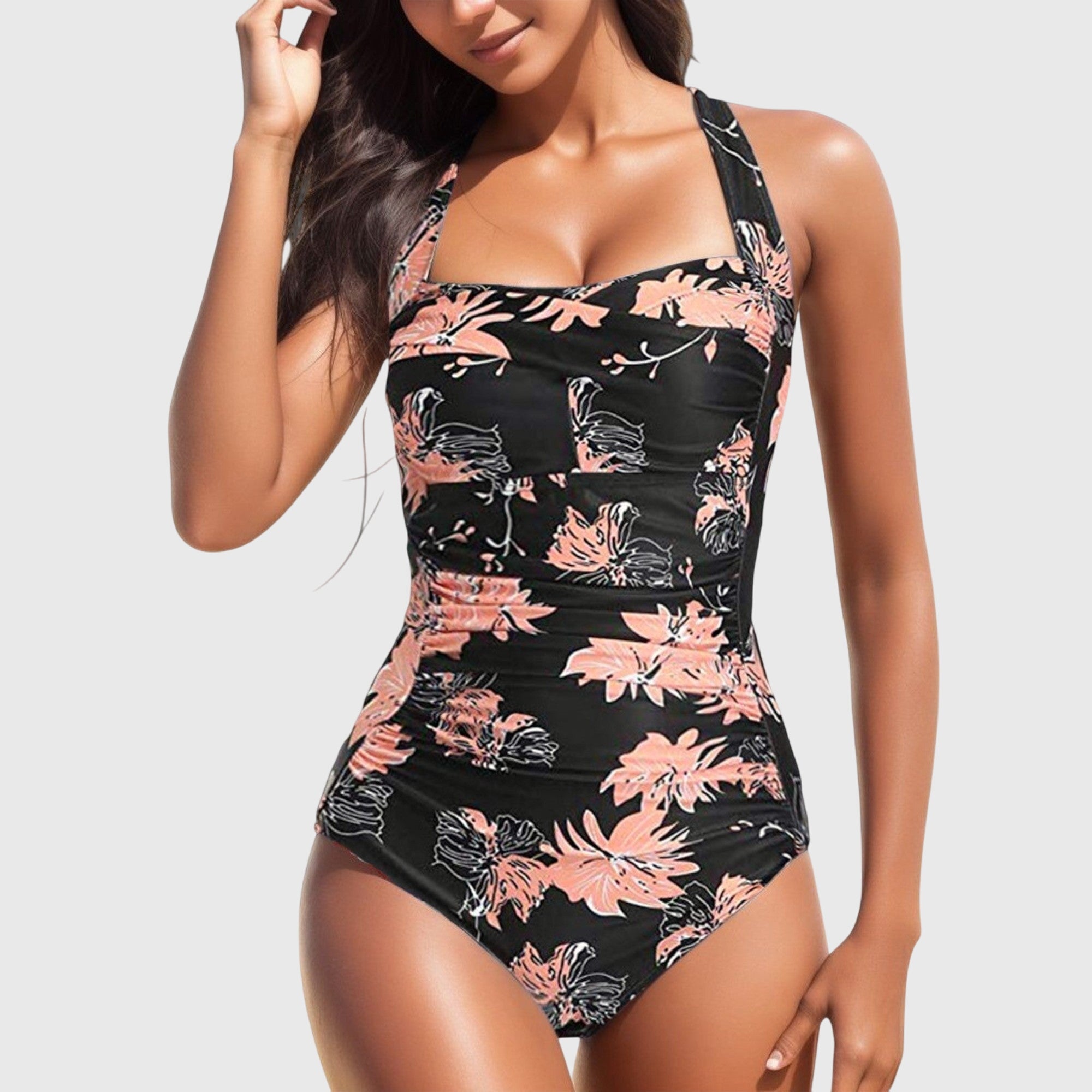Costum de baie întreg cu imprimeu floral, cu fronseuri și spate decupat