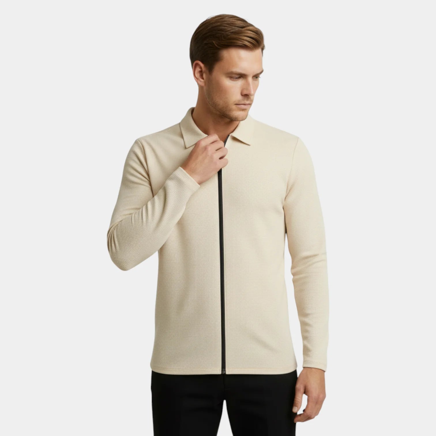 Veste légère pour homme en maille gaufrée avec fermeture éclair et col polo