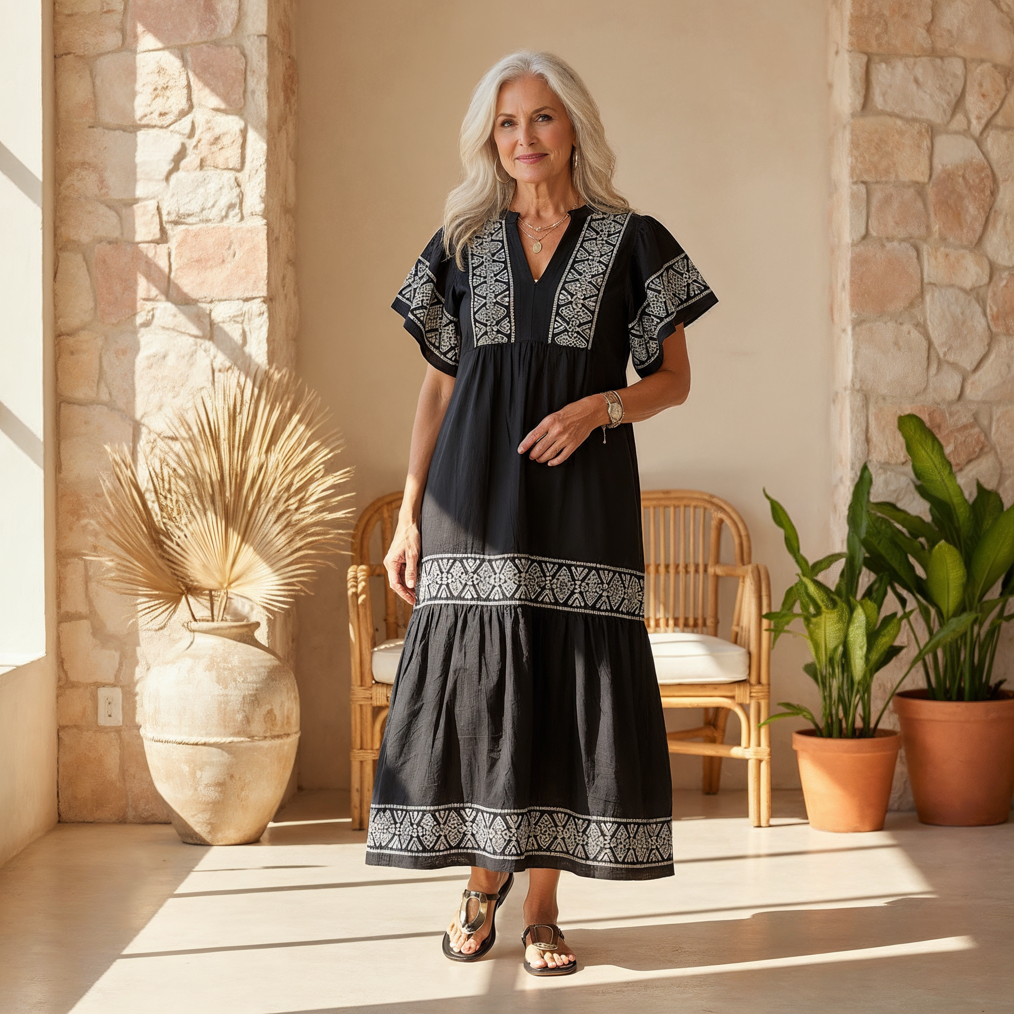 Robe Longue de Style Bohème avec Broderie et Col en V
