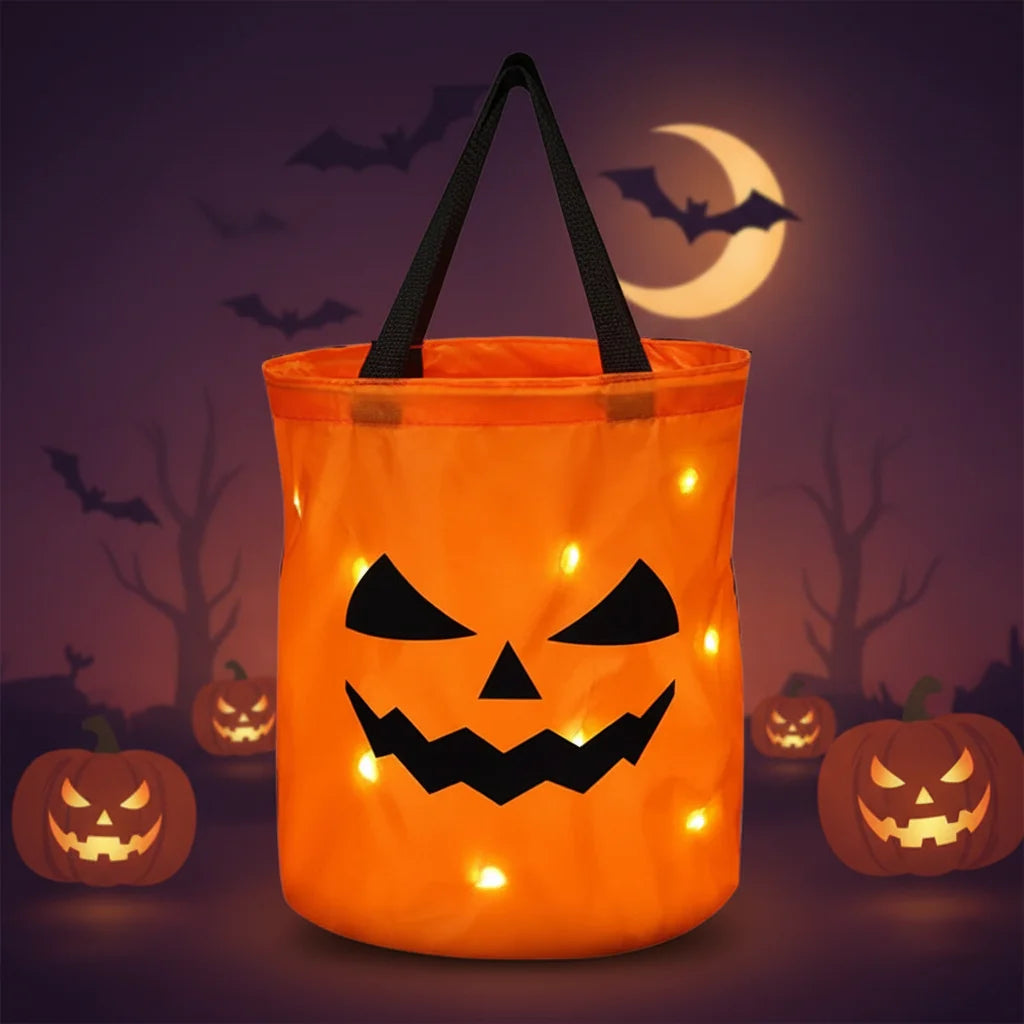 Saco de Abóbora LED Reutilizável de Halloween para Doces, Festa Infantil Luminoso