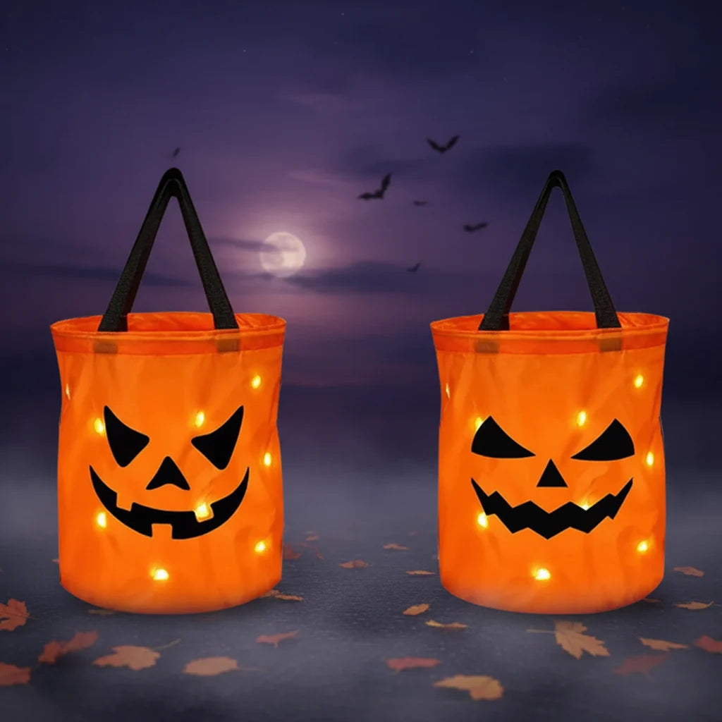 Saco de Abóbora LED Reutilizável de Halloween para Doces, Festa Infantil Luminoso