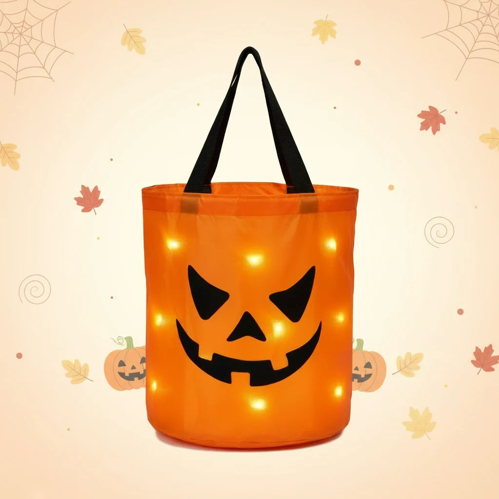 Saco de Abóbora LED Reutilizável de Halloween para Doces, Festa Infantil Luminoso