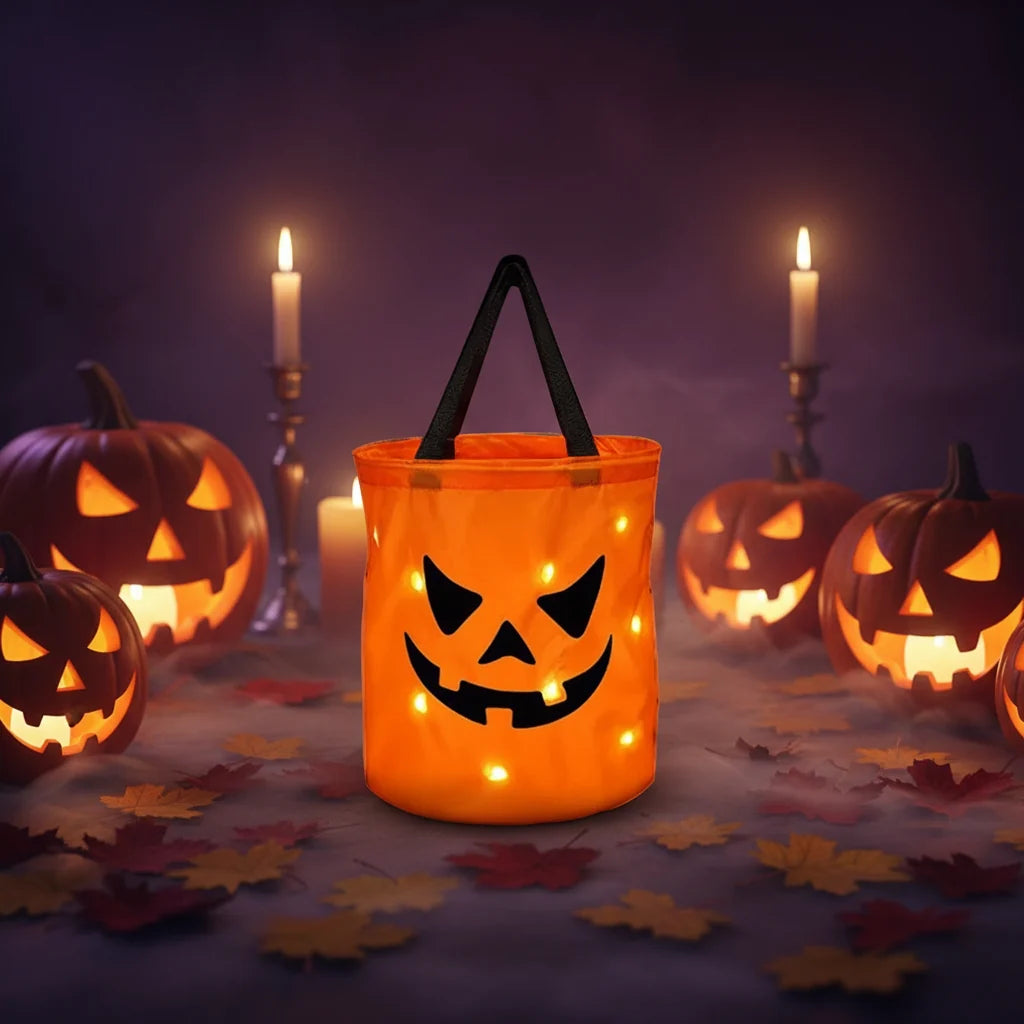 Saco de Abóbora LED Reutilizável de Halloween para Doces, Festa Infantil Luminoso