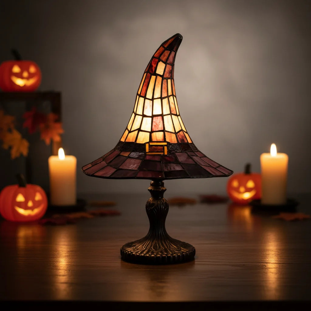 Halloween-dekoration med heksehatlampe, USB-natbordslampe med blødt lys