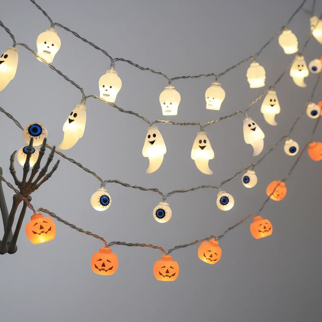 LED girlanda s motivy Halloweenu, světelná dekorace pro noční atmosféru večírku