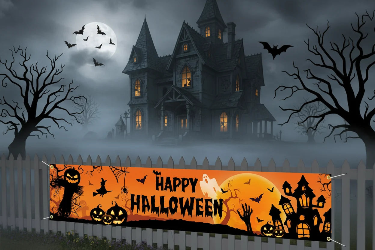 Venkovní halloweenská dekorace na oslavu – banner s dýněmi a netopýry