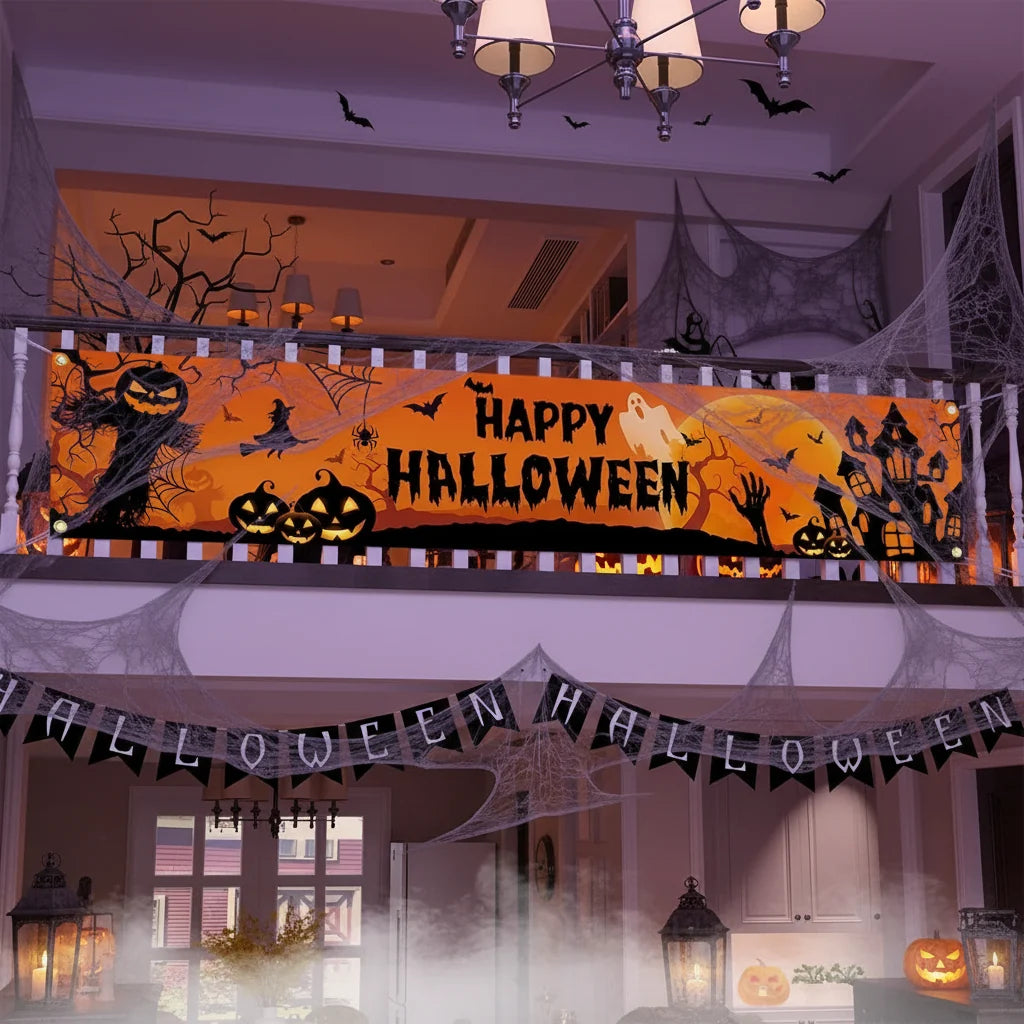 Venkovní halloweenská dekorace na oslavu – banner s dýněmi a netopýry
